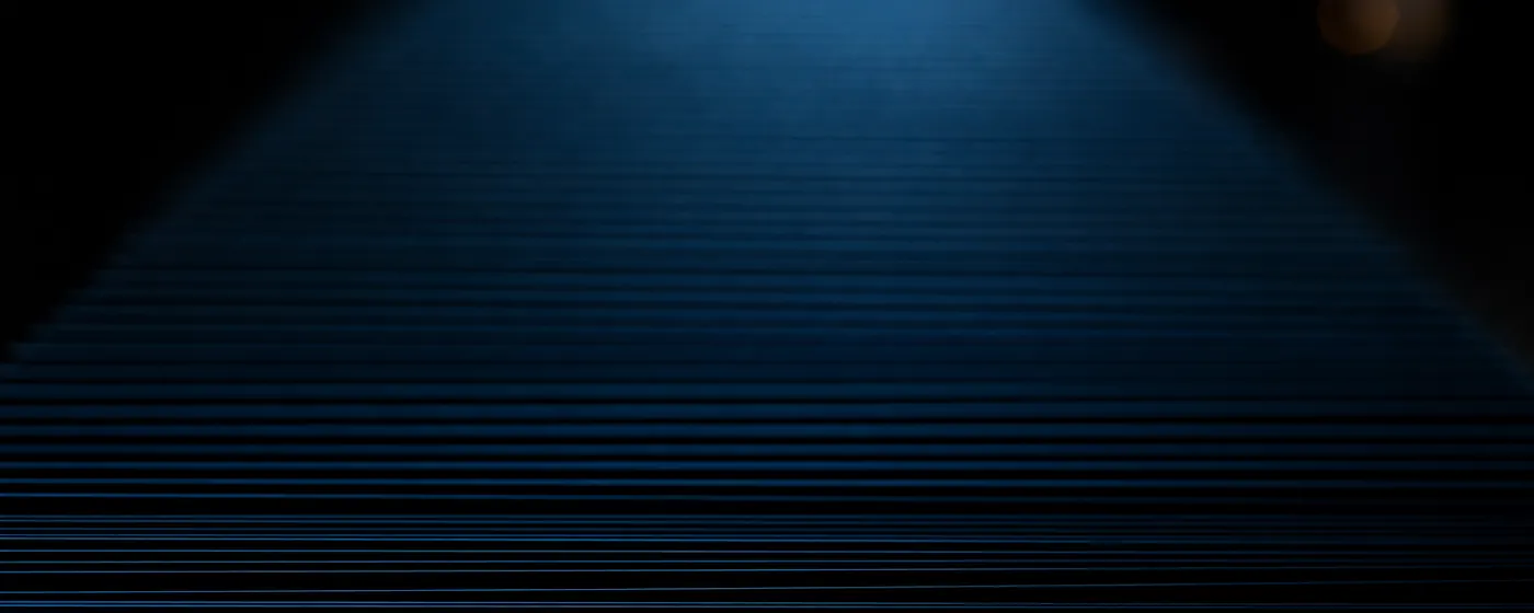An abstract stack of hundreds of evenly spaced horizontal lines of blue light receding into darkness, unbroken and uniform, with no line emphasised over any other.