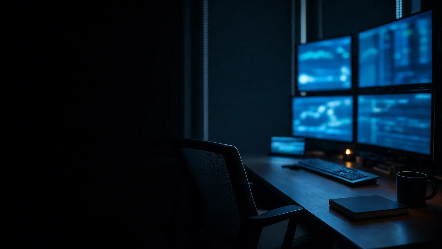 A professional multi-monitor trading desk in a darkened room before the opening bell: the screens carry only a soft blue glow, the chair is empty, and a notebook and mug sit beside the keyboard.
