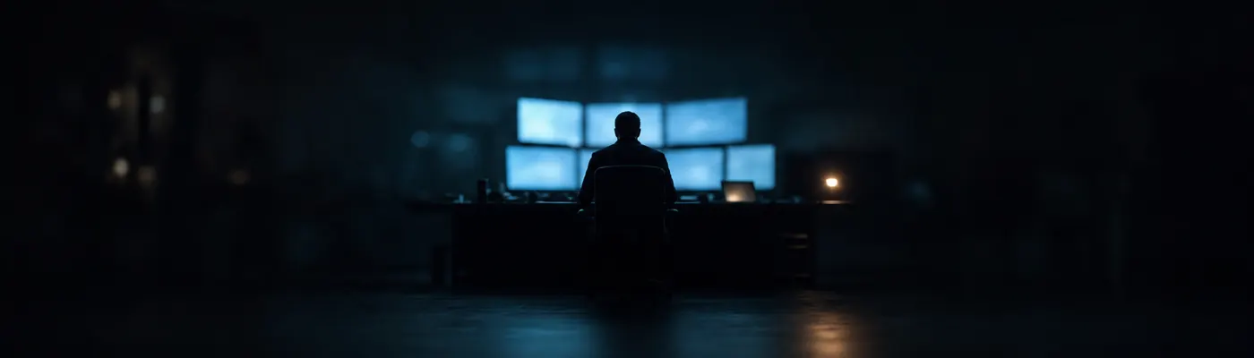 A single trader silhouetted from behind, small and still in a wide, dark, otherwise empty room, facing monitors that give off only an indistinct blue glow.